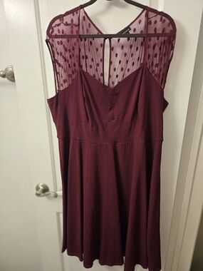 Torrid 3x Sleeveless Burgundy Polka Dot Mesh Yoke Dress
